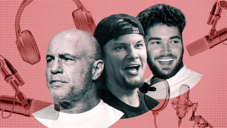 De izquierda a derecha: Joe Rogan, Theo Von, Adin Ross [Imágenes: Carmen Mandato/Getty Images, Jeff Bottari/Zuffa LLC via Getty Images, 305pics/GC Images/Getty Images, Adobe Stock]